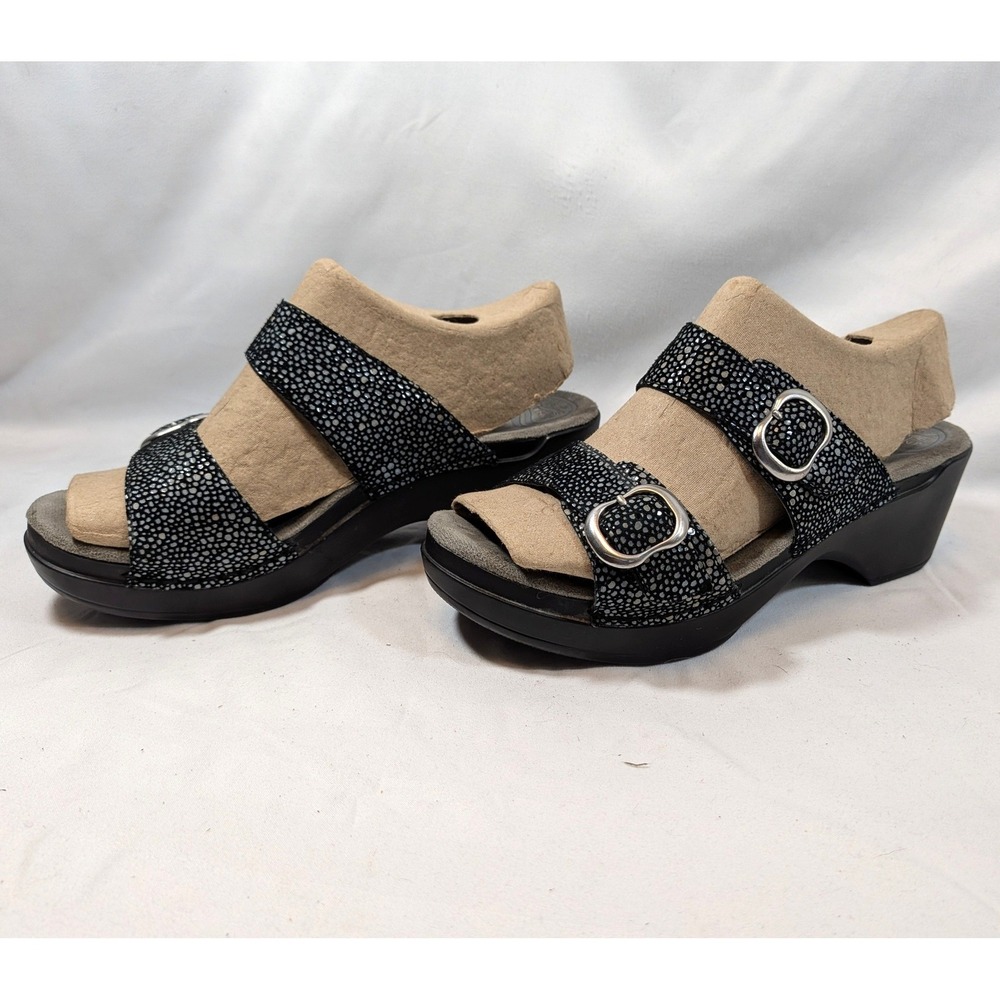 Dansko Black Slide Sandals; Leather Stingray Print Double Buckle Wedge